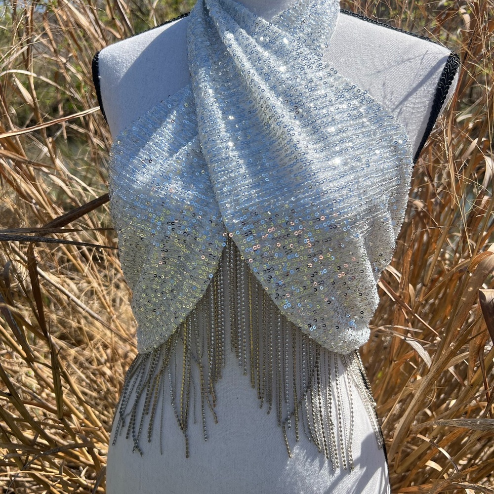 Silver Sequin Fringe Halter Scarf Wrap